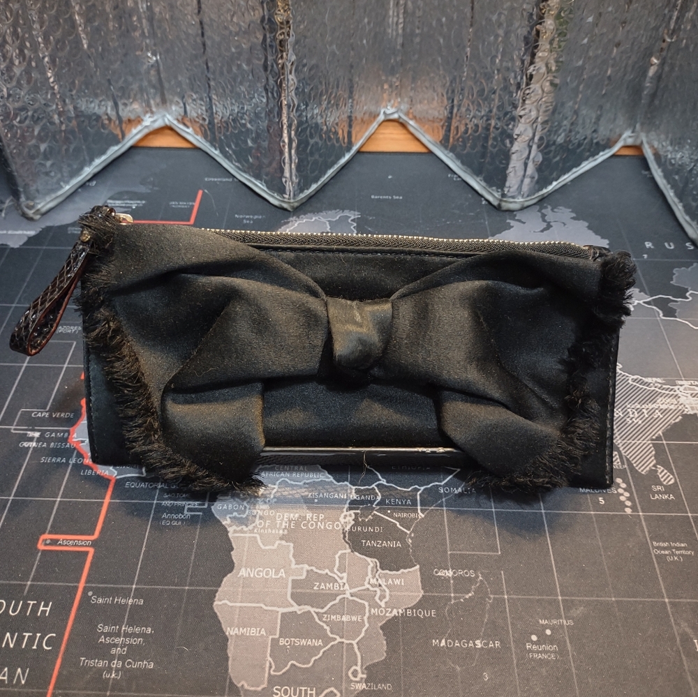 Kate Spade Black Satin Bow Clutch With Box